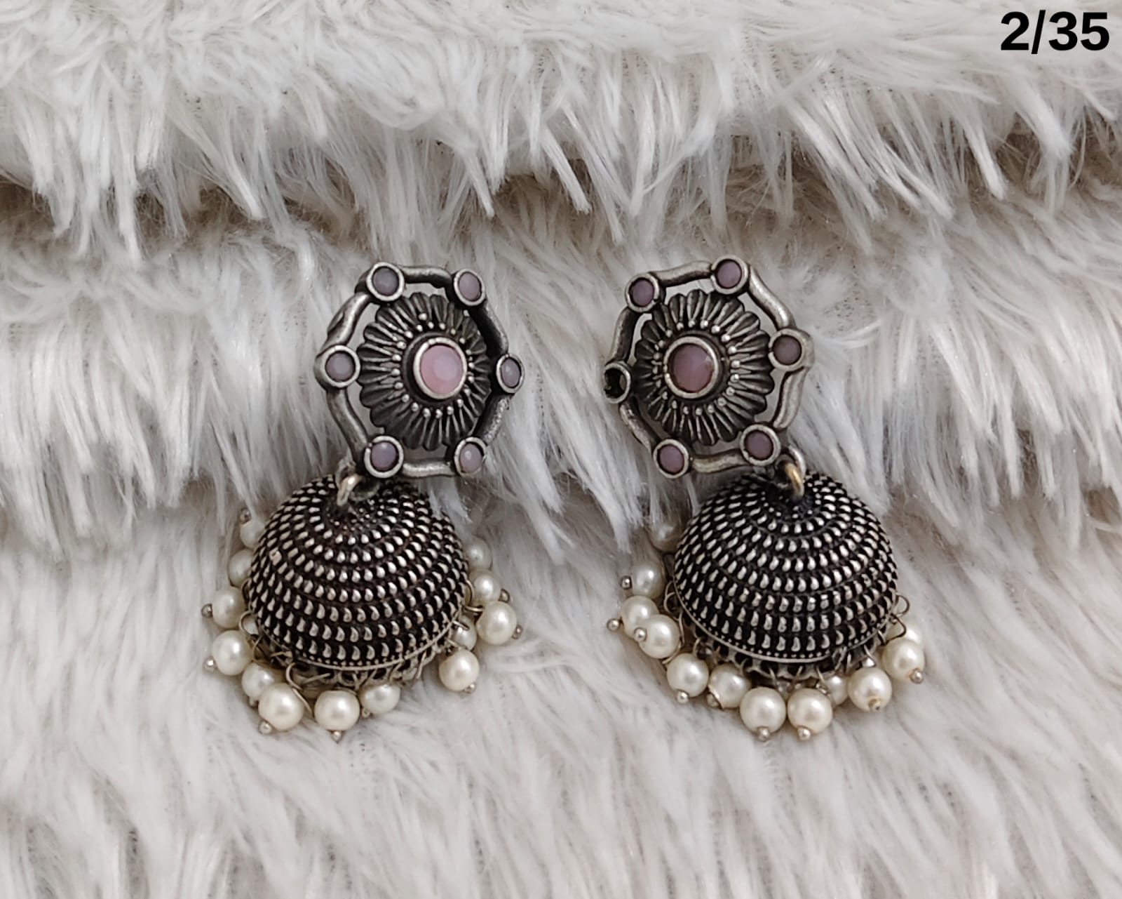 Oxidised Dome Earrings with Floral Stud and Pearl Detailing – Ethnic Design